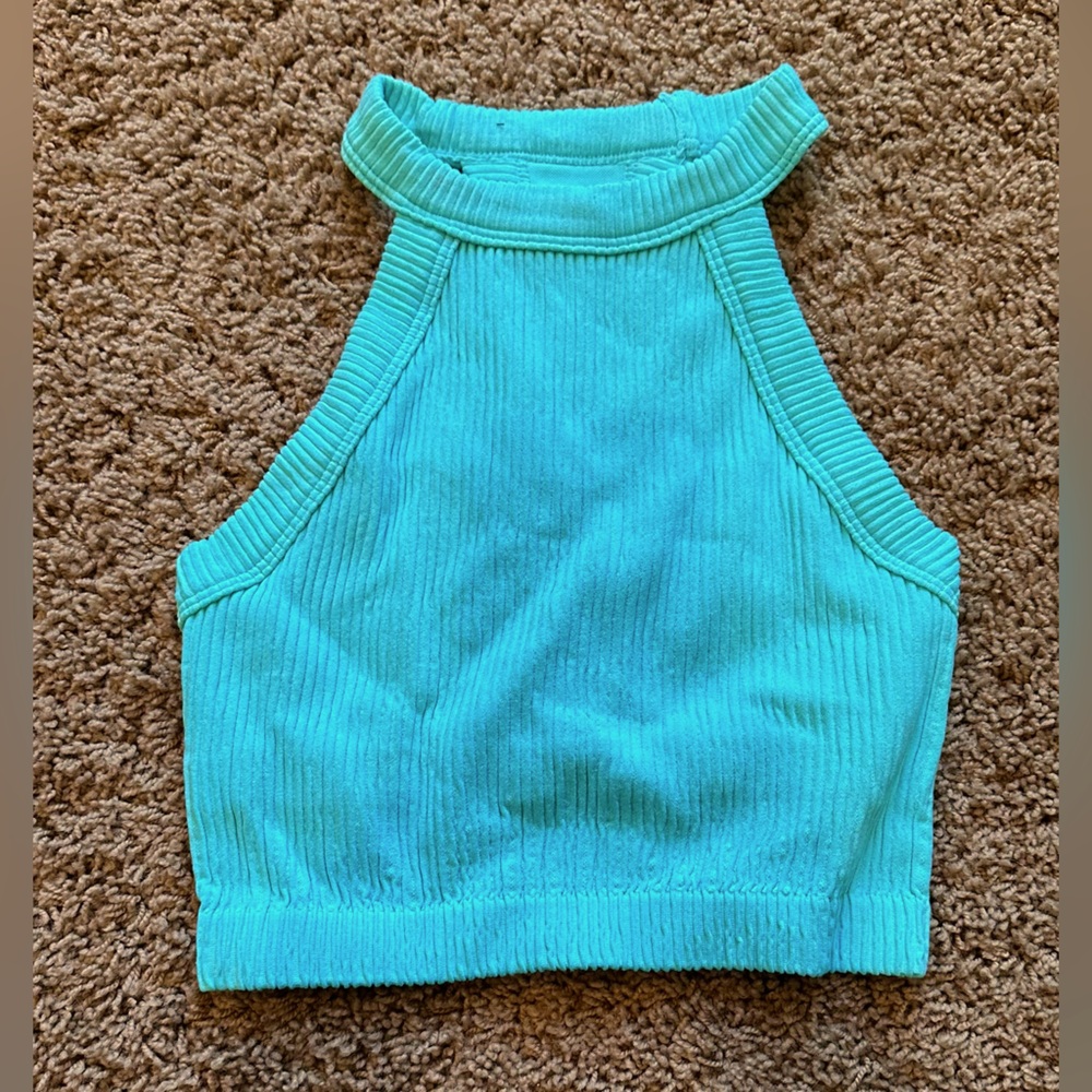 Aerie XXS super chill high neck crop tank top aqua green blue